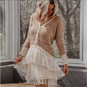 A'reve handmade crochet back lace ruffle cardigan tan cream